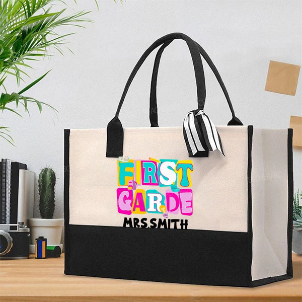 Personalized Grade And Name Colorful Letter Squad Pencil Teacher Cotton Tote Bag