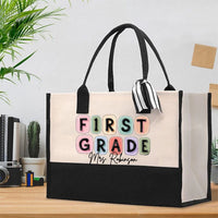 Personalized Grade And Name Jelly-Like Colorful Grid Print Cotton Tote Bag