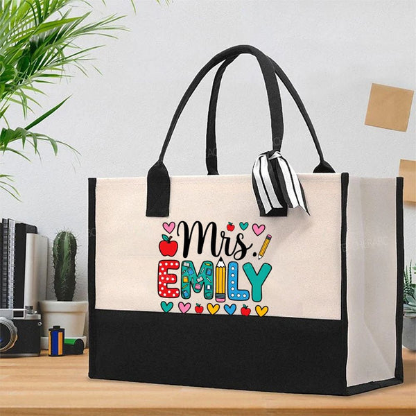 Personalized Name Miss Emily Apple Heart Printed Cotton Tote Bag