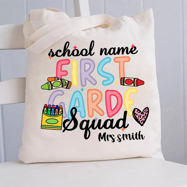 Personalized School Name And Teacher Name Grade Crayon Pink Leopard Canvas Tote Bag