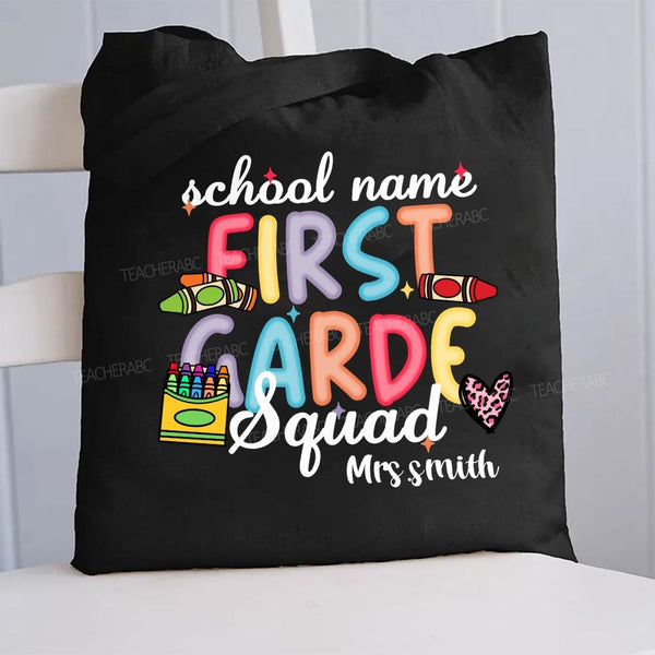Personalized School Name And Teacher Name Grade Crayon Pink Leopard Canvas Tote Bag