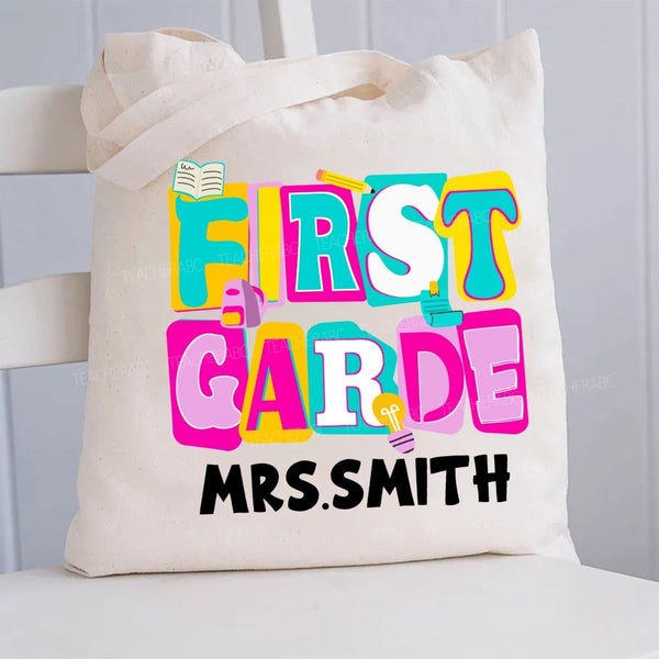 Personalized Grade And Name Colorful Letter Squad Pencil Teacher Canvas Tote Bag