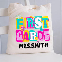 Personalized Grade And Name Colorful Letter Squad Pencil Teacher Canvas Tote Bag