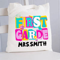 Personalized Grade And Name Colorful Letter Squad Pencil Teacher Canvas Tote Bag