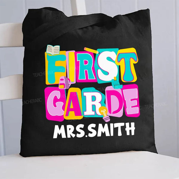 Personalized Grade And Name Colorful Letter Squad Pencil Teacher Canvas Tote Bag