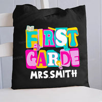 Personalized Grade And Name Colorful Letter Squad Pencil Teacher Canvas Tote Bag