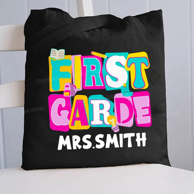 Personalized Grade And Name Colorful Letter Squad Pencil Teacher Canvas Tote Bag