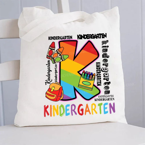 Personalized Grade Rainbow Letter Print Canvas Tote Bag