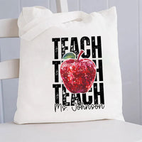 Personalized Name Teach Teach Red Apple Canvas Tote Bag