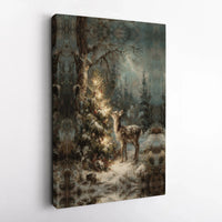 Fawn and Lit Tree Winter Landscape Print, Christmas Forest Canvas Wall Art, Comfy Holiday Forest Decor, Christmas Deer Wall Art Present