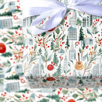 Urban Music Lover Gift Wrap, Cityscape Guitar Christmas Wrapping Paper, Musical Holiday Wrapping Paper, Festive Skyline Present Wrap