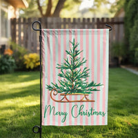 Pink Mint Stripe Xmas Yard Flag, Vintage Sleigh Merry Christmas Garden Flag, Retro Tree Outdoor Flag, Festive Holiday Lawn Porch Banner