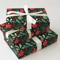 Pine Bough Holiday Gift Wrap, Christmas Ornament Wrapping Paper, Dark Green Red Festive Wrapping Paper, Winter Holiday Gift Wrap Roll