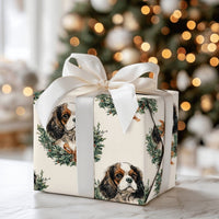 Vintage Spaniel Wreath Gift Wrap, Cavalier King Charles Wrapping Paper, Adorable Dog Christmas Wrapping Paper, Holiday Pet Gift Wrapping Paper