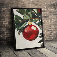 Red Bauble Pine Branch Canvas Print, Christmas Ornament Wall Art, Rustic Holiday Oil Painting Style Wall Art, Winter Festive Decor Present