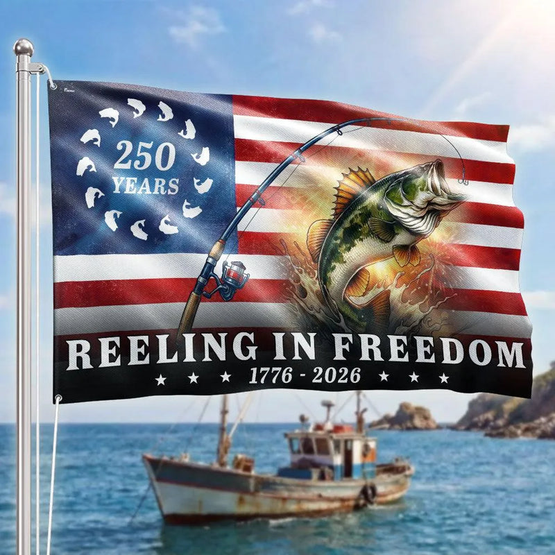 Bass Fish American Flag | 250 Years Reeling in Freedom | UV-Resistant Polyester House Flag | Patriotic Fishing Gift