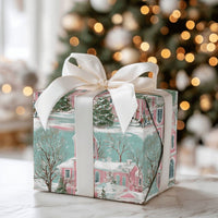 Winter Village Holiday Gift Wrap, Pink Church Christmas Wrapping Paper, Snowy Scenery Christmas Wrapping Paper, Pastel Xmas Gift Wrap