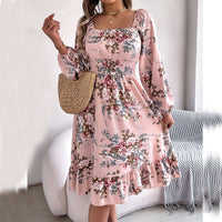 Floral Long-Sleeved Fitted Waist A-Line Skirt With Ruffles