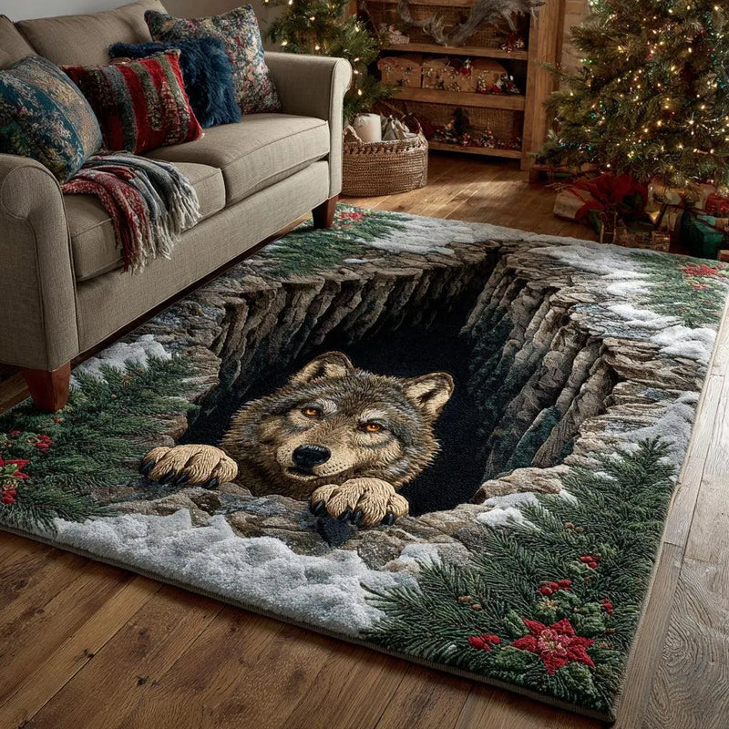 Wildlife Lair Winter Floor Rug, Wolf Christmas Forest Cave Area Rug, Rustic Nature Cabin Lodge Carpet, Holiday Season Home Decor