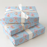 Watercolor Gingerbread Gift Wrap, Pink Gingerbread House Wrapping Paper, Pastel Pink Christmas Wrapping Paper, Adorable Holiday Gift Wrap Roll