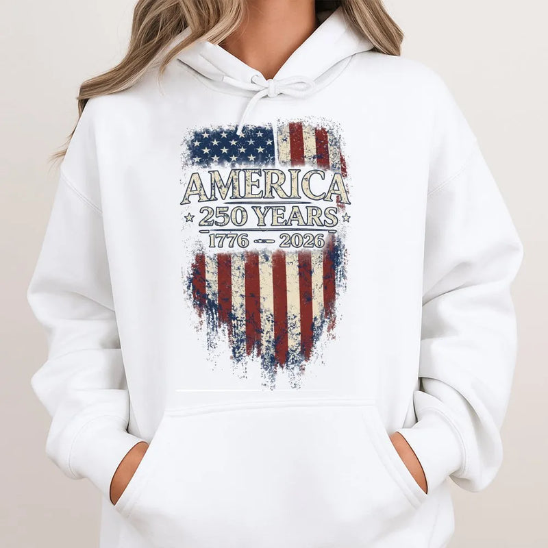 America 250 Years Hoodie | 1776-2026 Vintage Distressed Flag Art | Soft Cotton-Polyester Blend | Gift for Patriots and History Buffs