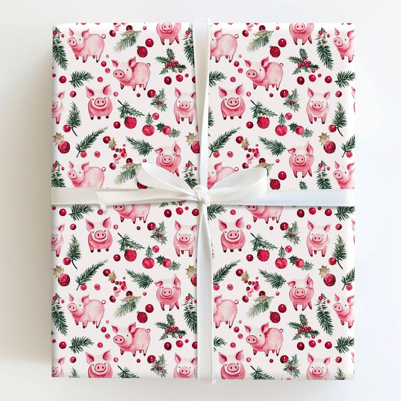 Watercolor Holly Farm Animal Gift Wrap, Christmas Pig Wrapping Paper, Holiday Pig Ornament Wrapping Paper, Adorable Botanical Pig Gift Wrap