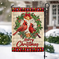 Festive Wreath Red Birds Yard Flag, Merry Christmas Cardinal Garden Flag, Double Sided Winter Holiday Lawn Flag, Bird Lover Present