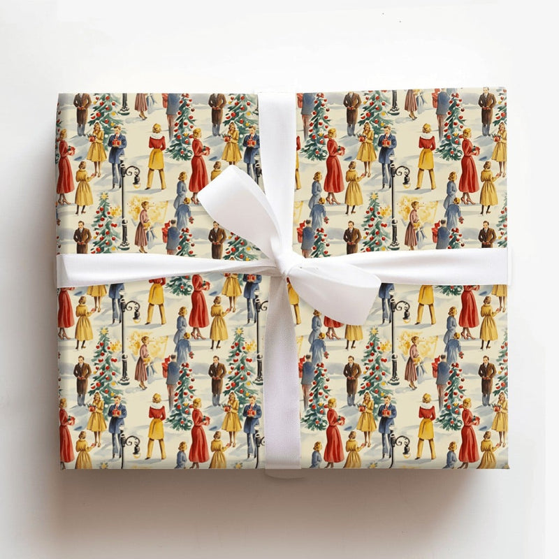 Retro Holiday Street Scene Gift Wrap, Vintage 1950s Christmas Wrapping Paper, Snowy Winter Town Wrapping Paper, Nostalgic Xmas Gift Wrap