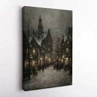Christmas Town Street Scene Print, Winter European Village Canvas Wall Art, Holiday Snowy Decor, Digital Download Seasonal Wall Art