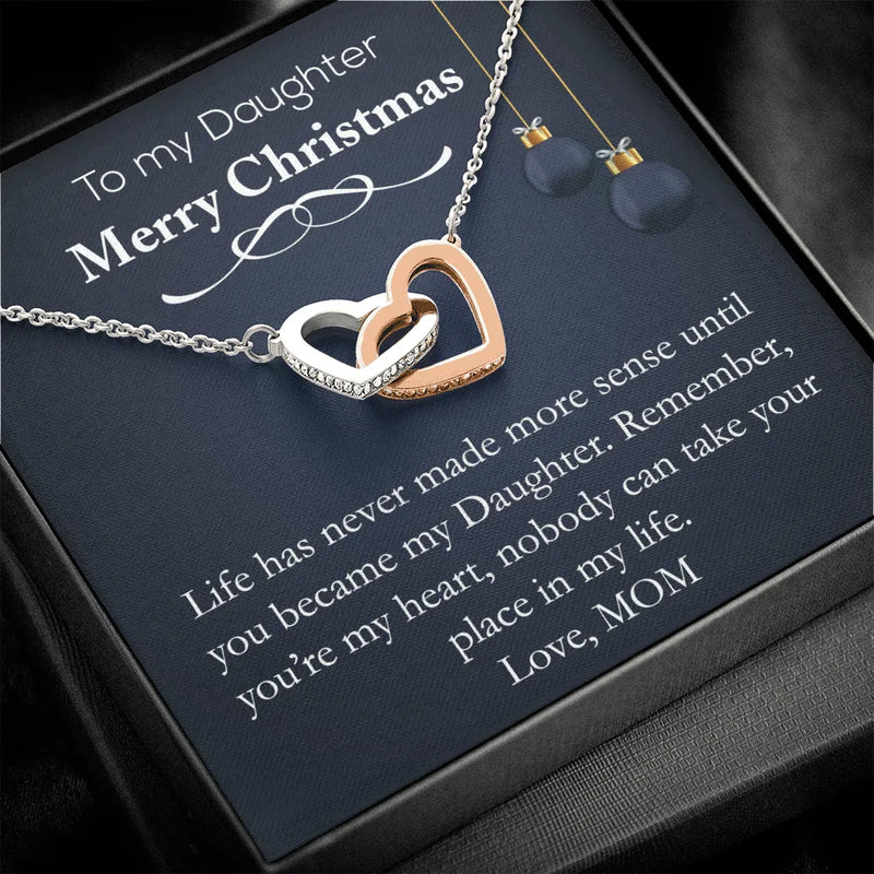 Surgical Steel CZ Double Heart Pendant Necklace, Interlocking Heart Necklace for Daughter, Christmas Present Necklace for Daughter from Mom