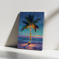Coastal Beach Sunset Canvas, Tropical Christmas Palm Tree Canvas, Nautical Holiday Canvas Print, Festive Ocean Wall Art, Beach Lover Present