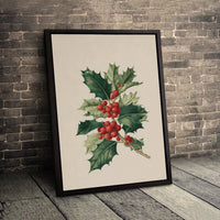Vintage Christmas Floral Poster, Holly Berry Botanical Wall Art, Winter Holiday Branch Print, Festive Room Decor, Digital Download