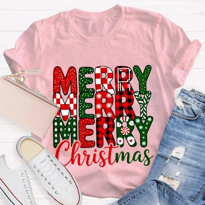 Festive Holiday Graphic T-Shirt, Merry Christmas Plaid Snowflakes Shirt, Buffalo Plaid Christmas Tee, Winter Season Womens Apparel
