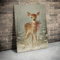 Snowy Forest Deer Canvas Print, Vintage Christmas Fawn Canvas Wall Art, Winter Holiday Wall Decor, Woodland Animal Art Canvas, Festive Present