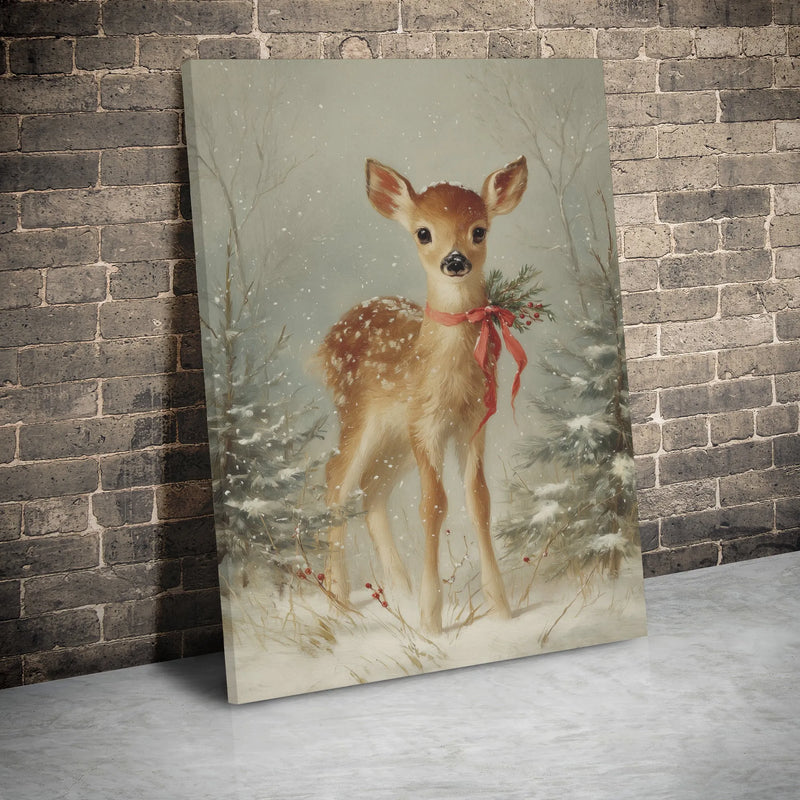 Snowy Forest Deer Canvas Print, Vintage Christmas Fawn Canvas Wall Art, Winter Holiday Wall Decor, Woodland Animal Art Canvas, Festive Present