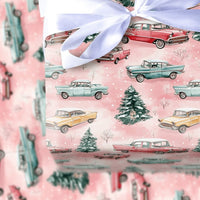 Retro Winter Tree Holiday Wrapping Paper, Vintage Pink Christmas Car Wrapping Paper, Pastel Xmas Gift Wrap Roll, Snowy Seasonal Present Wrap