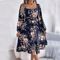 Floral Long-Sleeved Fitted Waist A-Line Skirt With Ruffles
