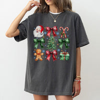 Retro Christmas Graphic Tee, Coquette Bow Santa Claus T-Shirt, Vintage Holiday Pink Bow Shirt, Adorable Preppy Xmas Season Outfit for Women