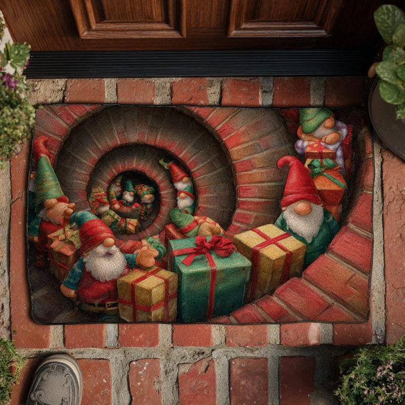 3D Tunnel Illusion Welcome Mat, Christmas Gnome Descent Doormat, Holiday Present Gnome Front Door Mat, Winter Entryway Floor Mat Present