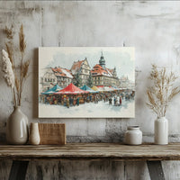 Watercolor Snowy Town Canvas Print, Christmas Market Canvas Wall Art, Winter Town Square Wall Art, Holiday Seasonal Canvas Decor, Xmas Present