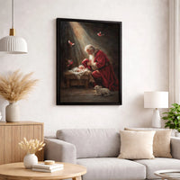 Nativity Scene Cardinals Canvas, Santa Adoring Baby Jesus Canvas Print, Religious Christmas Art Canvas, Holy Night Winter Holiday Decor