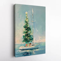 Nautical Coastal Holiday Canvas Art, Christmas Tree on Sailboat Canvas, Beach House Xmas Canvas Print, Festive Ocean Wall Decor