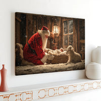 Christian Nativity Scene Printable Wall Art, Santa Kneeling Before Baby Jesus Digital Download, Christmas Holiday Home Decor