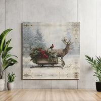 Rustic Christmas Sleigh Canvas, Winter Deer Square Canvas Wall Art, Bullfinch Berry Farmhouse Wall Art, Holiday Nature Canvas Print