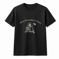 Patriotic Frog T-Shirt | Celebrate 250 Years Cartoon Frog on Scooter with American Flag | Soft Breathable Cotton | Gift for Americana Lovers