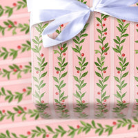 Watercolor Holly Berry Gift Wrap, Pink Christmas Wrapping Paper, Pink Striped Holiday Present Paper, Festive Vine Christmas Wrapping Paper