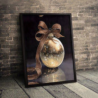 Glitter Ribbon Holiday Canvas Wall Art, Gold Christmas Ornament Canvas Print, Festive Winter Canvas Decor, Christmas Seasonal Art Present