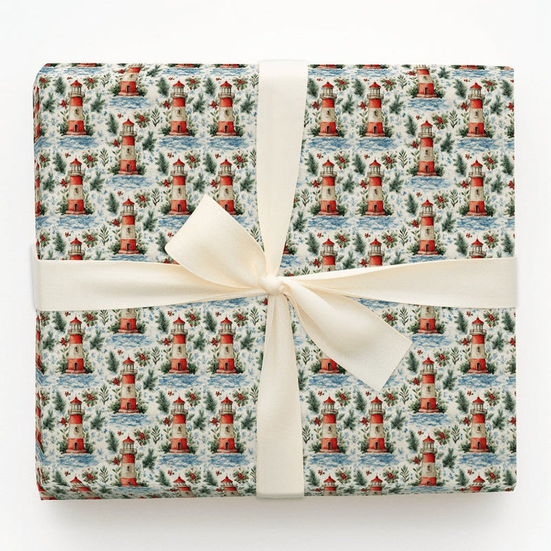 Coastal Holly Holiday Gift Wrap, Lighthouse Christmas Wrapping Paper, Nautical Pine Wrapping Paper, Beach Ocean Winter Gift Wrapping Paper