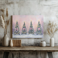 Snowy Holiday Landscape Canvas Print, Pink Bow Christmas Tree Canvas Art, Festive Xmas Tree Canvas Wall Art, Comfy Winter Canvas Decor