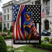 Rottweiler Thin Blue Line Garden Flag | 250 Years of Service Patriotic Dog | Double-Sided Weather-Resistant Polyester | Police Support Gift